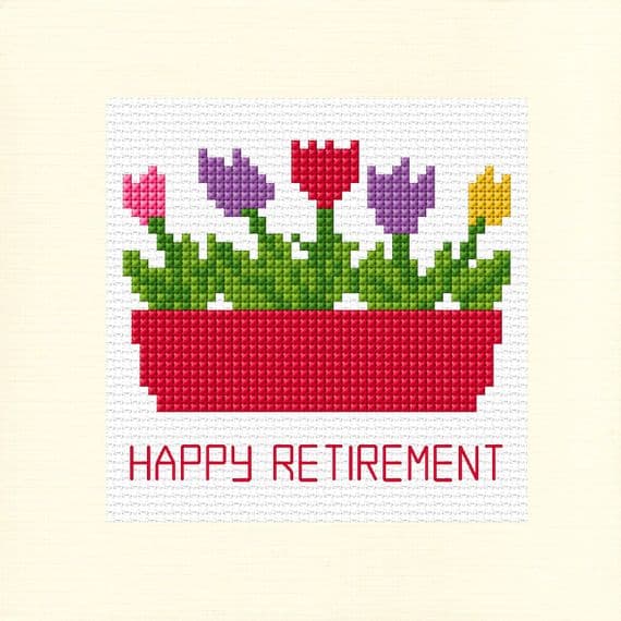 Happy Retirement Tulips & Red Flower Box Cross Stitch Card Kit 5.5 Square 14ct
