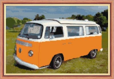 VW Camper Van / Bus, Sunny Orange ~ 16 Count Cross Stitch, 12