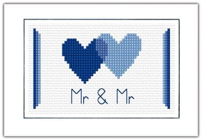 Wedding Day: 2 Blue Hearts (Mr & Mr), 14 Count Cross Stitch Card Kit