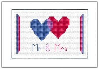 Wedding Day: 2 Hearts Blue & Pink (Mr & Mrs), 14 Count Cross Stitch Card Kit