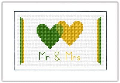 Wedding Day: 2 Hearts Green & Yellow (Mr & Mrs), 14 Count Cross Stitch Card Kit