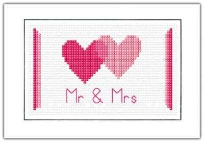 Wedding Day: 2 Pink Hearts (Mr & Mrs), 14 Count Cross Stitch Card Kit
