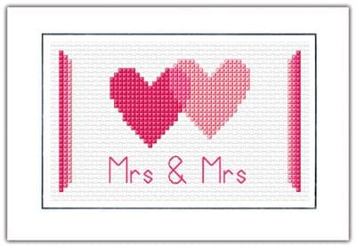 Wedding Day: 2 Pink Hearts (Mrs & Mrs), 14 Count Cross Stitch Card Kit