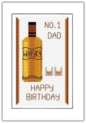 Whisky Bottle & Glasses: No. 1 DAD, Happy Birthday ~ Cross Stitch, A6 Card Kit
