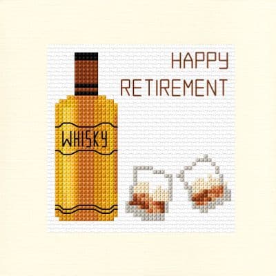 Whisky & Glasses: Happy Retirement Cross Stitch Card Kit | 14ct Square 5.5