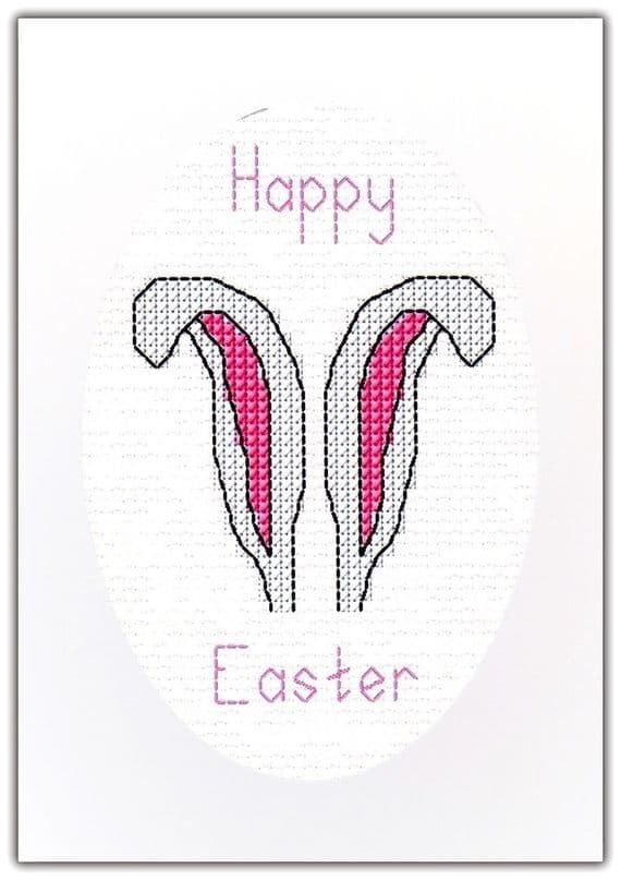 White Bunny Ears Happy Easter Cross Stitch Card Kit | 14ct A6