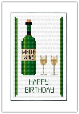 White Wine Bottle & Glasses: Happy Birthday,  14ct Cross Stitch A6 Card Kit
