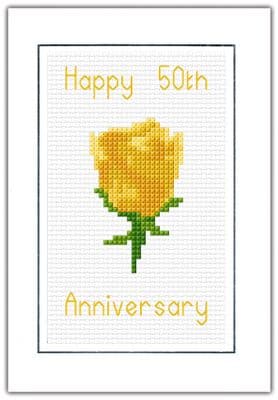 Yellow Rose: Golden 50th Happy Anniversary Cross Stitch Card Kit | 14ct A6