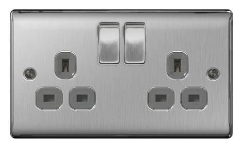 BG 13a 2 Gang Switch Socket - Brushed Steel With Grey Inserts
