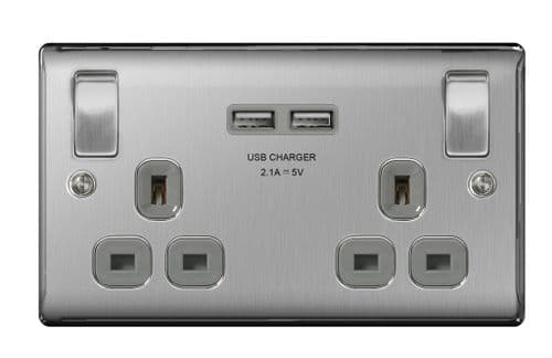 BG 13a 2 Gang Switch Socket & USB - Brushed Steel With Grey Inserts