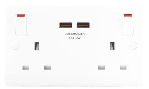 BG 2 Gang 13a Switched Socket With Outboard Rockers + 2 x USB (2.1A) - White