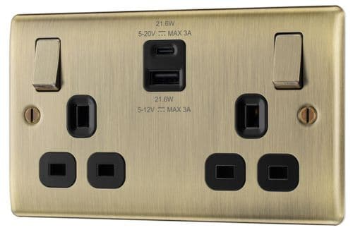 BG Antique Brass Double Switch Power Socket - 13amp