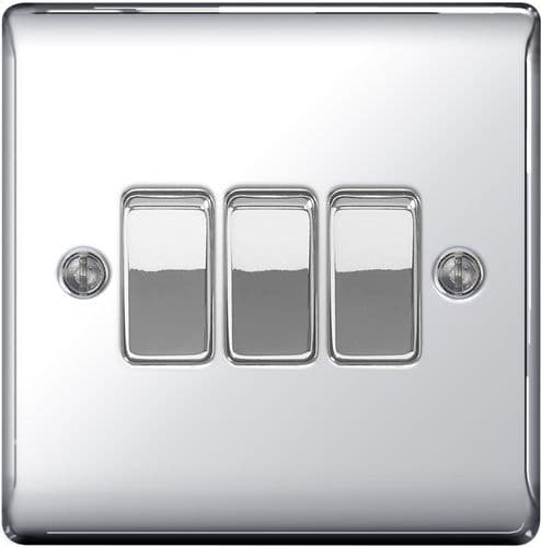 BG Metal Chrome 10ax Plate Switch 2 Way - 3 Gang