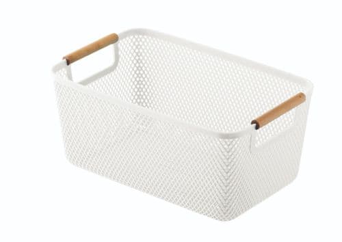 Blue Canyon Small Plastic Storage Basket With Wooden Handles - White