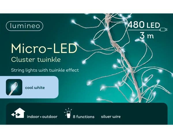 Kaemingk Micro LED Cluster Twinkle Lights - 480 Cool White/Silver Cable