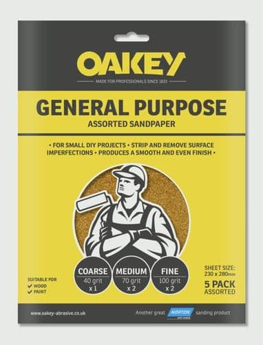 Oakey General Purpose Sandpaper 5 Pack - Assorted - (1 x C, 2 x M, 2 x F) 280 x 230mm