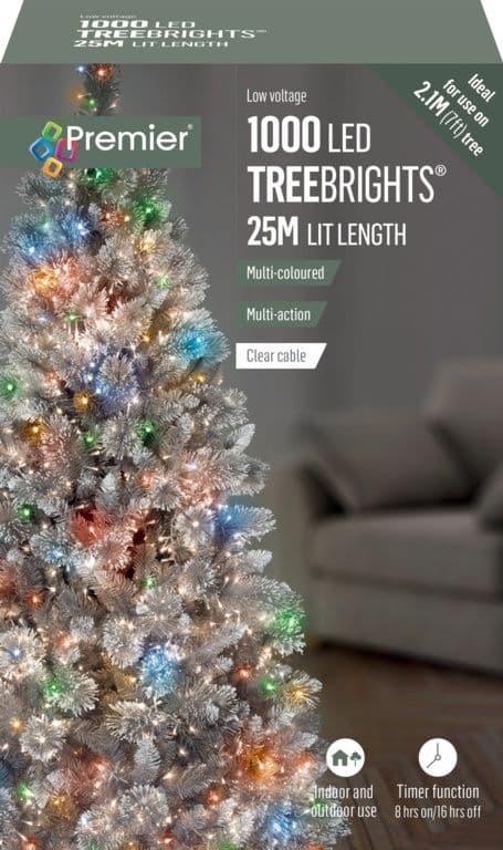 Premier 1000 LED TREEbrights Christmas Tree Lights Timer with Clear Cable - MULTI
