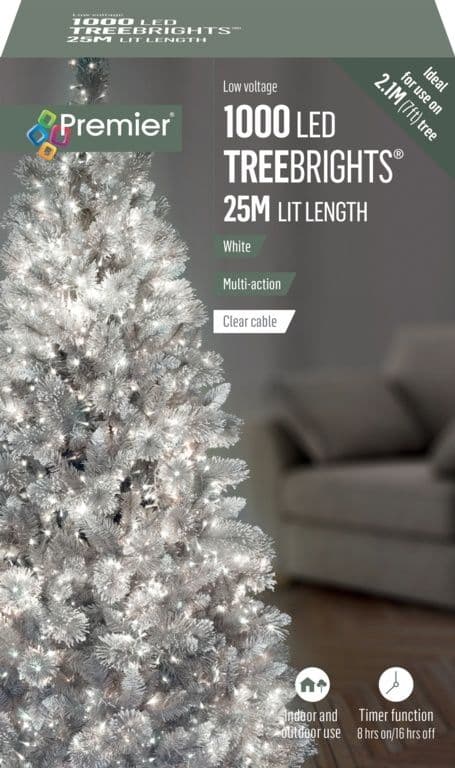 Premier 1000 LED TREEbrights Christmas Tree Lights Timer with Clear Cable - WHITE