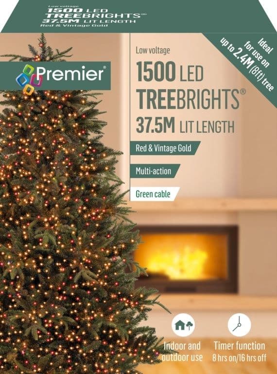 Premier 1500 LED Multi-Action TREEbrights Christmas Tree Lights with Timer - RED & VINTAGE GOLD