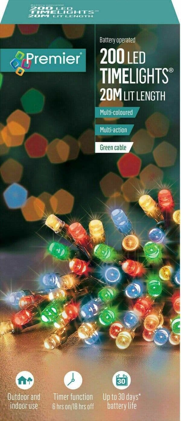 Premier 200 LED TIMELIGHTS Multi-Action Battery Operated Lights with Timer - MULTI