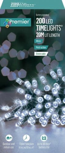 Premier 200 LED TIMELIGHTS Multi-Action Battery Operated Lights with Timer - WHITE