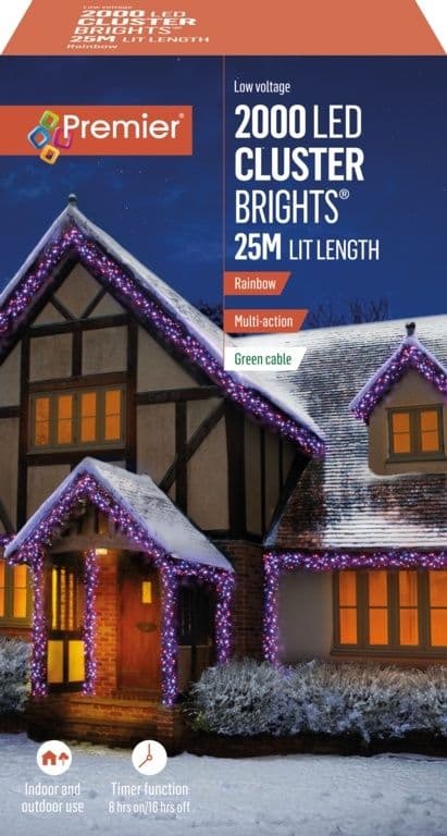 Premier 2000 LED Cluster Christmas Tree Lights with Timer - RAINBOW