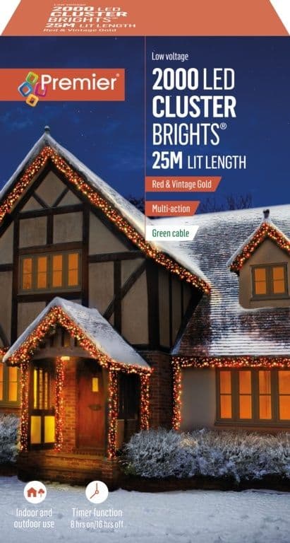 Premier 2000 LED Cluster Christmas Tree Lights with Timer - RED & VINTAGE GOLD