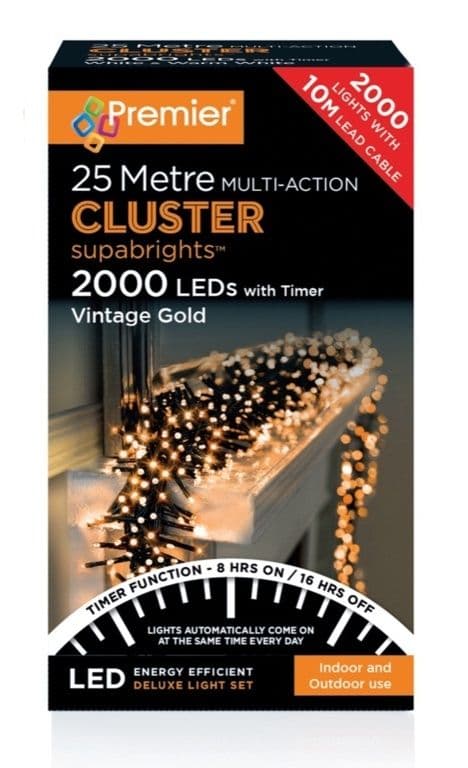 Premier 2000 LED Cluster Christmas Tree Lights with Timer - VINTAGE GOLD