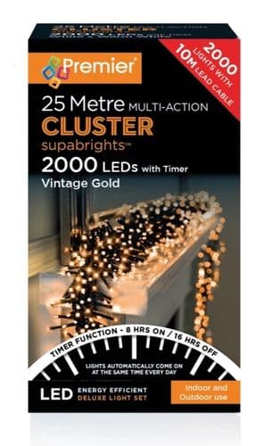Premier 2000 LED Cluster Christmas Tree Lights with Timer - VINTAGE GOLD