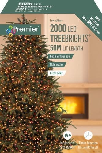 Premier 2000 LED Multi-Action TREEbrights Christmas Tree Lights with Timer - RED & VINTAGE GOLD