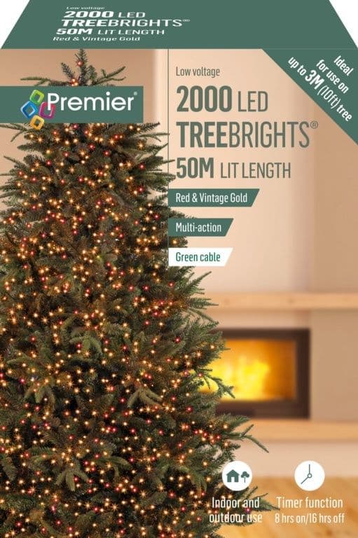 Premier 2000 LED Multi-Action TREEbrights Christmas Tree Lights with Timer - RED & VINTAGE GOLD