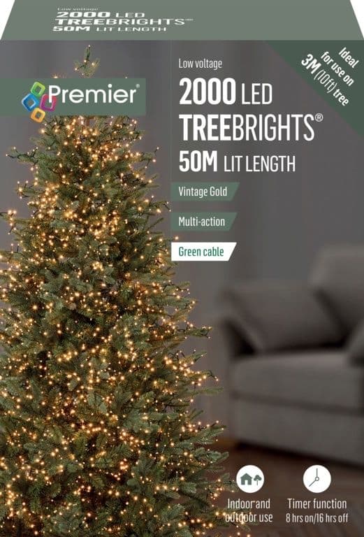 Premier 2000 LED Multi-Action TREEbrights Christmas Tree Lights with Timer - VINTAGE GOLD