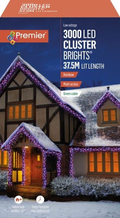 Premier 3000 LED Cluster Christmas Tree Lights with Timer - RAINBOW