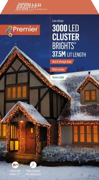 Premier 3000 LED Cluster Christmas Tree Lights with Timer - RED & VINTAGE GOLD
