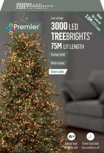 Premier 3000 LED Multi-Action TREEbrights Christmas Tree Lights with Timer - VINTAGE GOLD