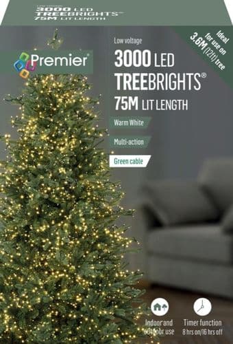 Premier 3000 LED Multi-Action TREEbrights Christmas Tree Lights with Timer - WARM WHITE