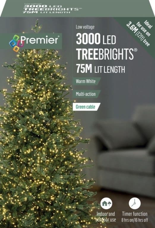 Premier 3000 LED Multi-Action TREEbrights Christmas Tree Lights with Timer - WARM WHITE