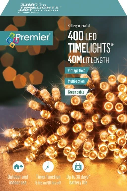 Premier 400 LED TIMELIGHTS Multi-Action Battery Operated Lights with Timer - VINTAGE GOLD