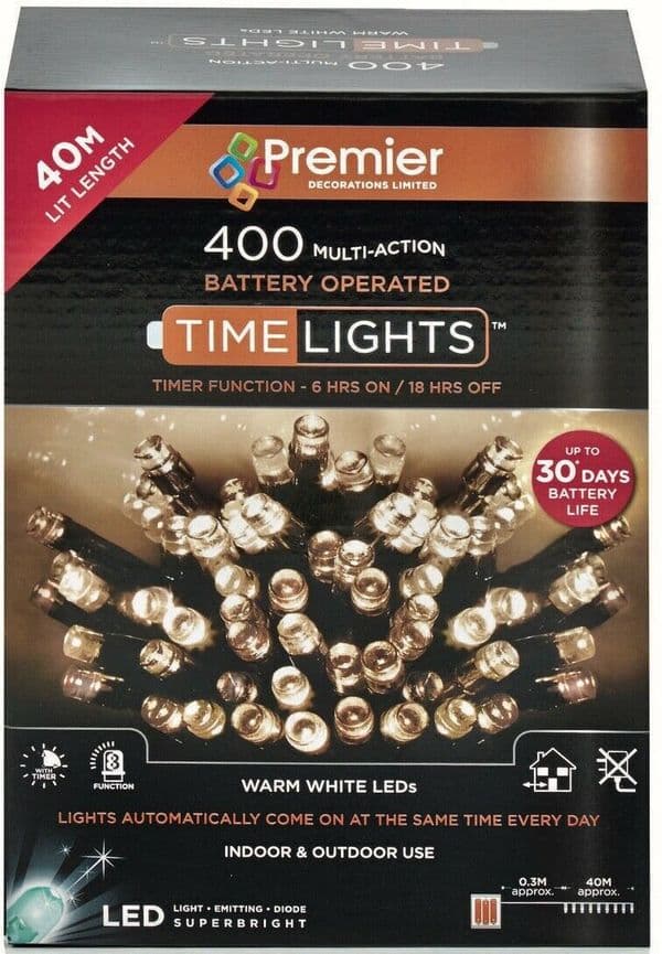 Premier 400 LED TIMELIGHTS Multi-Action Battery Operated Lights with Timer - WARM WHITE