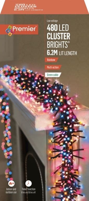 Premier 480 LED Cluster Christmas Tree Lights with Timer - RAINBOW