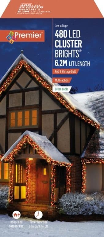 Premier 480 LED Cluster Christmas Tree Lights with Timer - RED & VINATGE GOLD