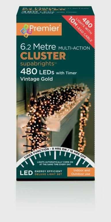 Premier 480 LED Cluster Christmas Tree Lights with Timer - VINTAGE GOLD