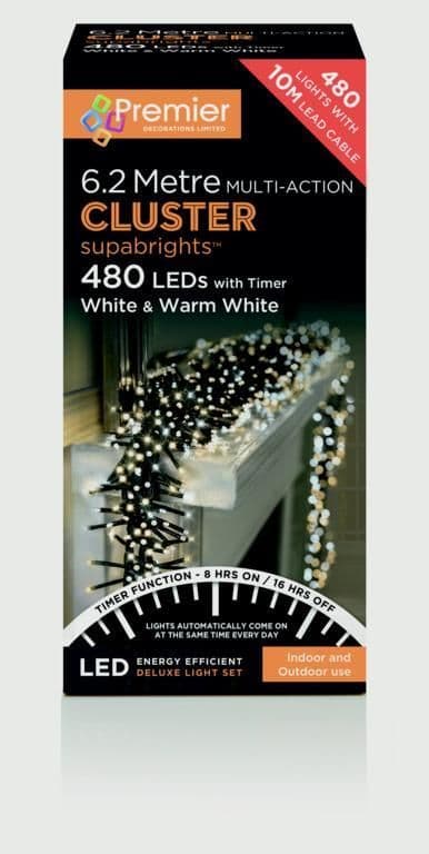 Premier 480 LED Cluster Christmas Tree Lights with Timer - WHITE & WARM WHITE