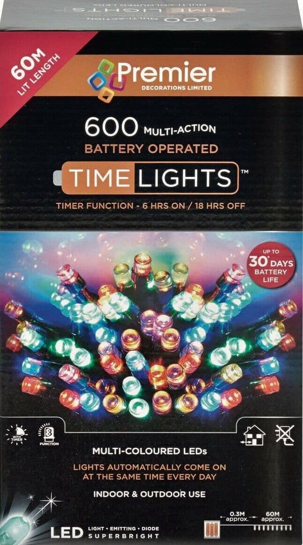 Premier 600 LED TIMELIGHTS Multi-Action Battery Operated Lights with Timer - MULTI