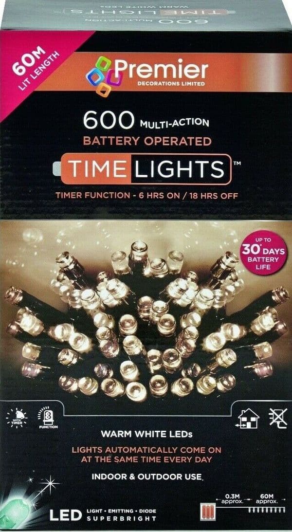 Premier 600 LED TIMELIGHTS Multi-Action Battery Operated Lights with Timer - WARM WHITE