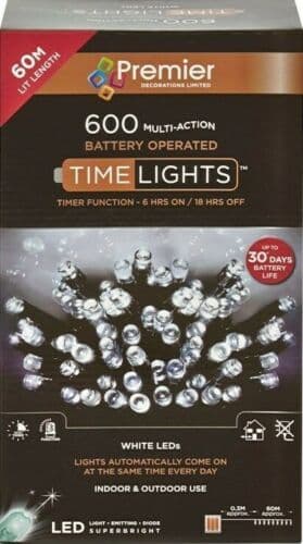 Premier 600 LED TIMELIGHTS Multi-Action Battery Operated Lights with Timer - WHITE