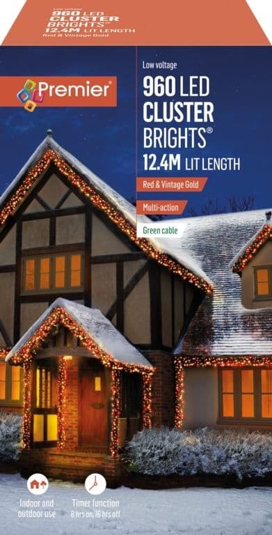 Premier 960 LED Cluster Christmas Tree Lights with Timer - RED & VINTAGE GOLD