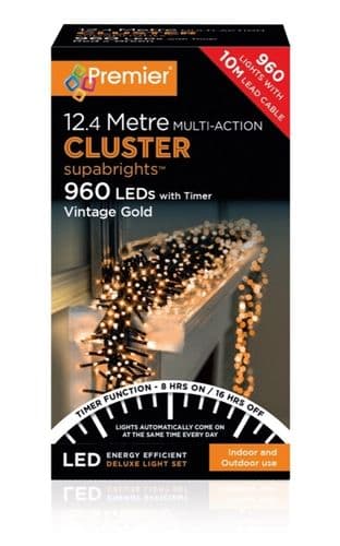 Premier 960 LED Cluster Christmas Tree Lights with Timer - VINTAGE GOLD