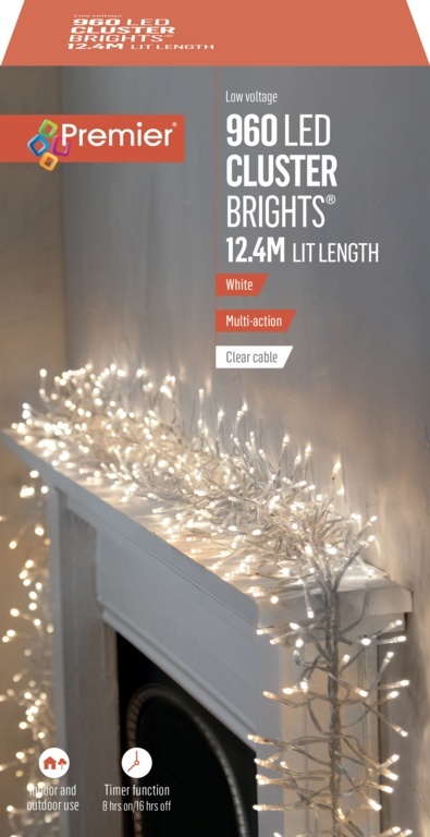 Premier 960 LED Cluster Multi-Action Christmas Tree Lights with Clear Cable - WHITE