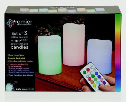 Premier Battery Operated Colour Changing Candles - Set 3 With Remote Control